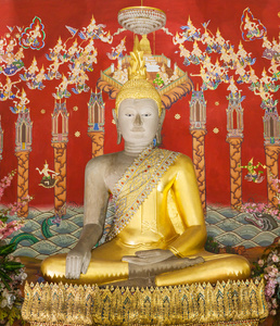Buddha och bakgrunden mlning i pagoden templet ayutthaya
