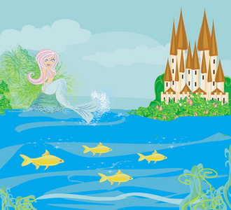 美丽的美人鱼，城堡和鱼插图
