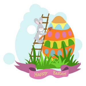 复活节卡野兔 画鸡蛋的故事在绿色的草地