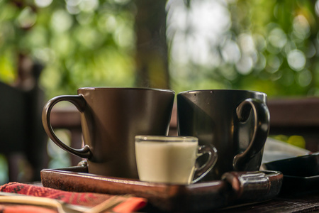 杯茶，牛奶在户外