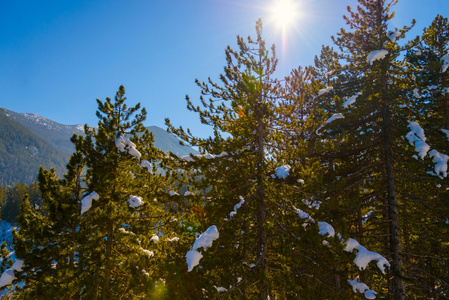 在阳光灿烂的冬天霜冻的日子里，有蓝色的晴空山风景