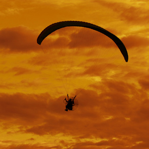 在美丽的天空背景上的滑翔伞的剪影