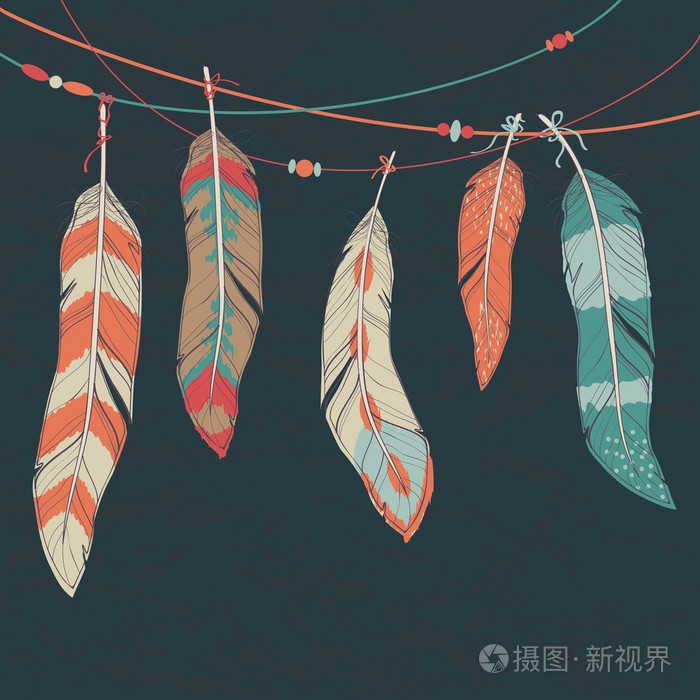 矢量套民族装饰羽毛线程上挂着的彩色插画-正版商用图片1f0e07-摄图新