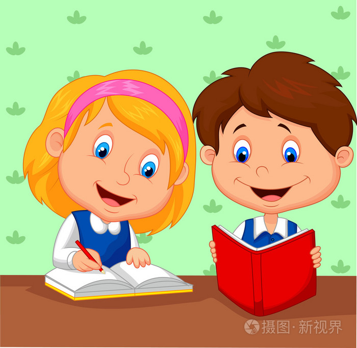 男孩和女孩在一起学习