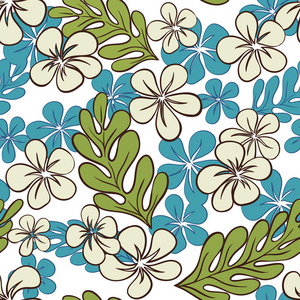 Vector Blue Tropical Flowers Seamless Pattern