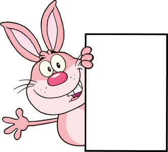 可爱的粉红色兔子卡通人物环顾一个空白的迹象，而且挥舞着