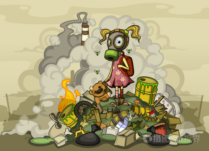 在一个防毒面具站在一堆垃圾上的孩子插画-正版商用图片1f0t8d-摄图新