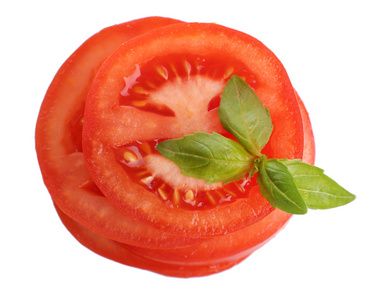 新鲜的番茄罗勒，孤立的白色衬底上的片