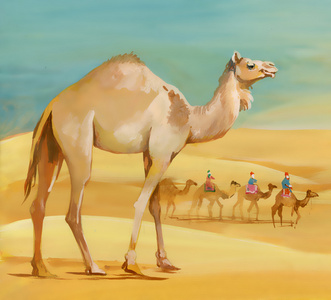 水粉日出水彩骆驼在沙漠中照片