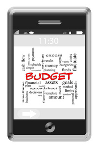 在触摸屏手机上的预算词云概念图片