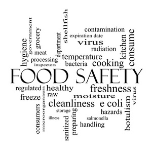 食品安全词云概念在黑色和白色