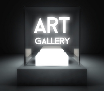 艺术画廊，展览的玻璃陈列柜