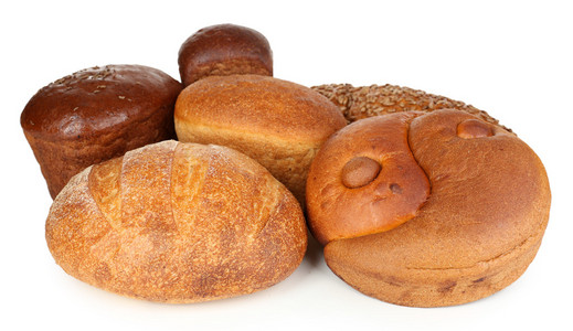 不同类型的面包上白色隔离