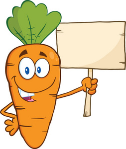 有趣的胡萝卜卡通人物拿着一块木板