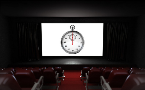 空的影院礼堂与屏幕上的时间刻度广告