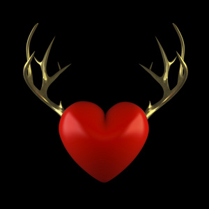 红色的心，与黑色背景上的黄金鹿角