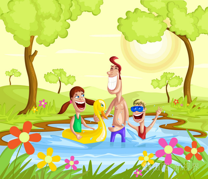 幸福的家庭,在池中戏水