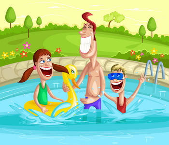 幸福的家庭，在池中戏水