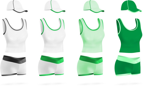 妇女的空白的绿色运动 t 恤 短裤及帽子模板集