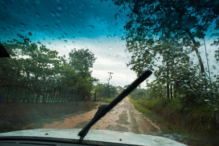 在湿滑的路面上驾驶汽车在雨中