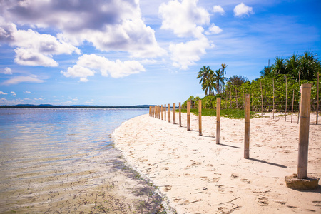 理想的热带海滩，在一个荒岛上的白色沙滩和绿松石水
