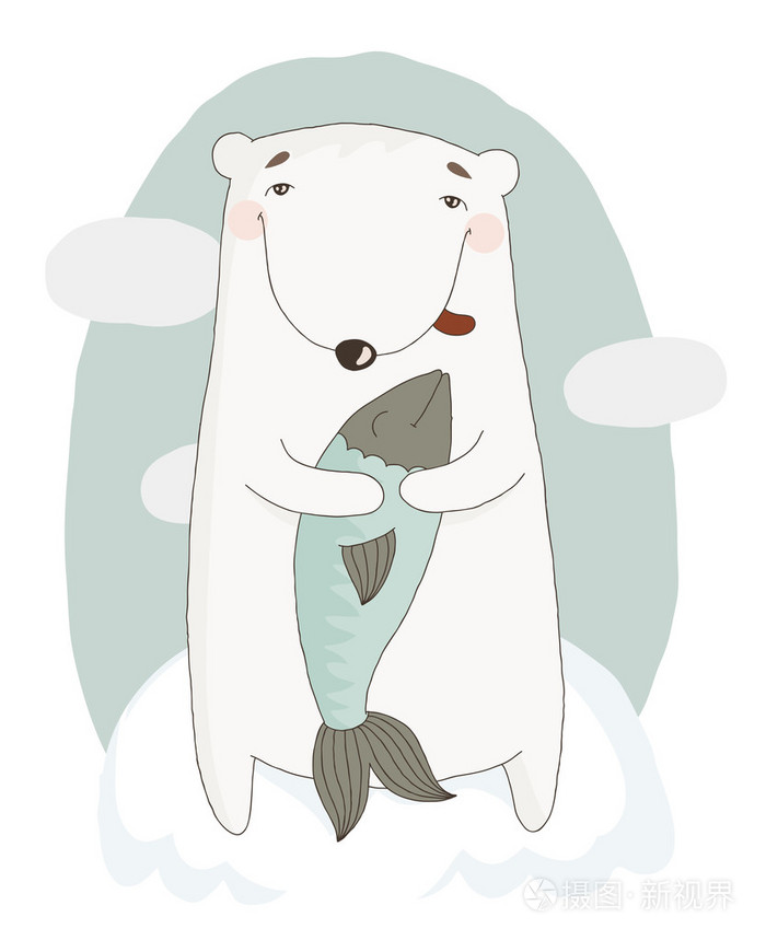 例证以可爱的卡通熊抱着一条鱼