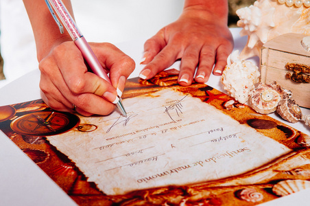 新婚夫妇签署结婚证书或婚礼合同
