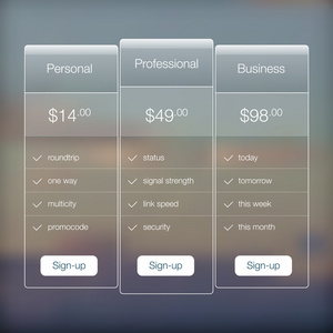 现代网站 ui 模板设计。透明应用程序用户界面价格列表小部件按钮上简约的背景。矢量上模糊的背景与图标可编辑网页设计元素