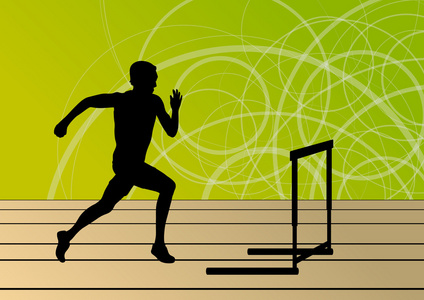 活跃的男性运动田径跨栏障碍跑步的剪影我照片