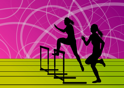 运行 silhou 的活跃的妇女女孩体育田径跨栏障碍