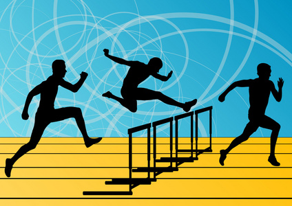 活跃的男性运动田径跨栏障碍跑步的剪影我照片