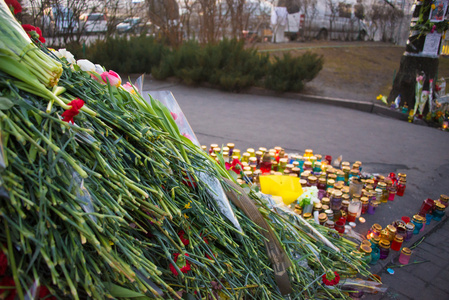 在被谋杀的 euromaidan 内存中的花。乌克兰抗议 2014