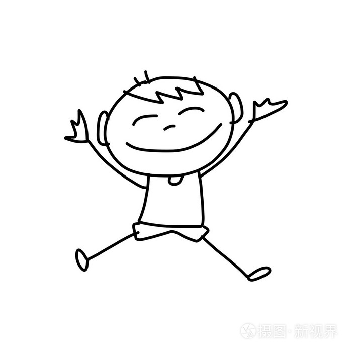 手绘漫画跳跃快乐的男孩