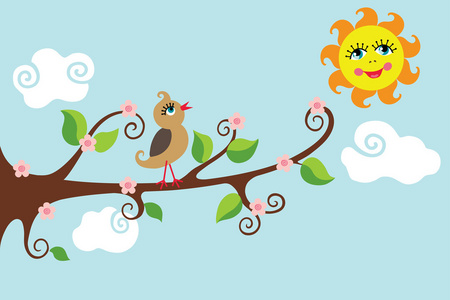 小鸟在树枝上.阳光明媚的 day.vector 卡通照片