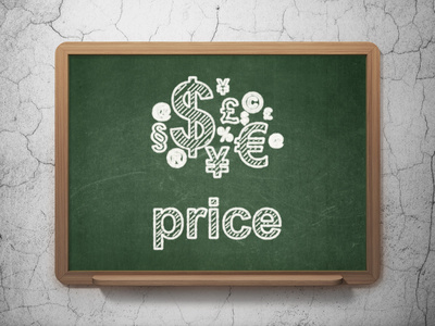 营销理念 财务符号和黑板背景上的价格