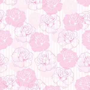 无缝的复古矢量花纹与优雅粉红的玫瑰，甜蜜的糖果粉色和白色的条纹背景