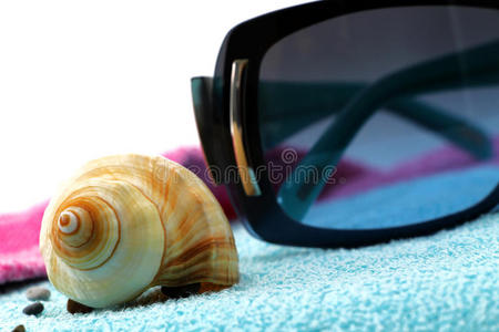 沙滩巾上戴着墨镜和贝壳