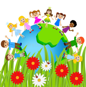 上环孩子们站在白色背景上环绕地球插画