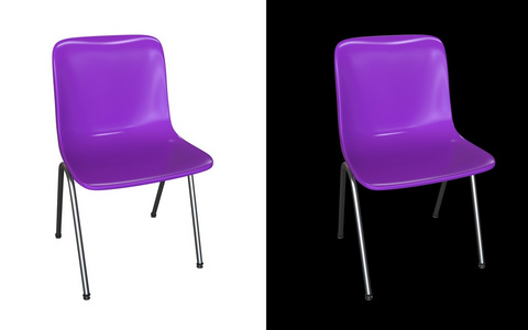 紫现代椅子上黑色和白色背景孤立。厨房室内 花园或饭厅塑料和钢制家具 3d 渲染图