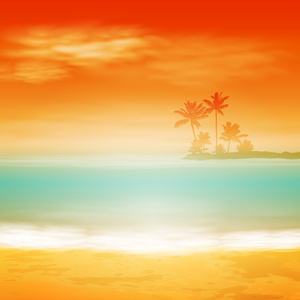 与岛和棕榈树海上日落