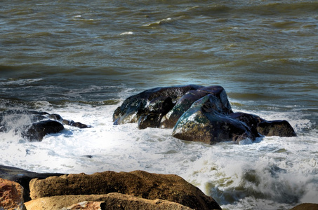 巨浪拍打着岸边的岩石