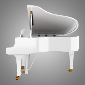 盛大钢琴侧孤立在灰色的背景上的白色三角钢琴照片