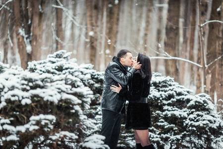 热恋中在冬季森林接吻的情侣