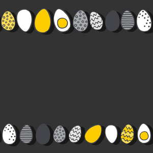 手绘蛋在行黄色灰色复活节插图春季假期无缝双水平边框在深色背景上