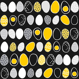 手绘蛋在行黄色灰色复活节解说春季假期无缝模式在深色背景上
