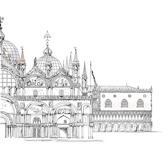 马哥孛威尼斯的插图,圣马可宫和圣马哥孛罗大教堂, 素描合集照片