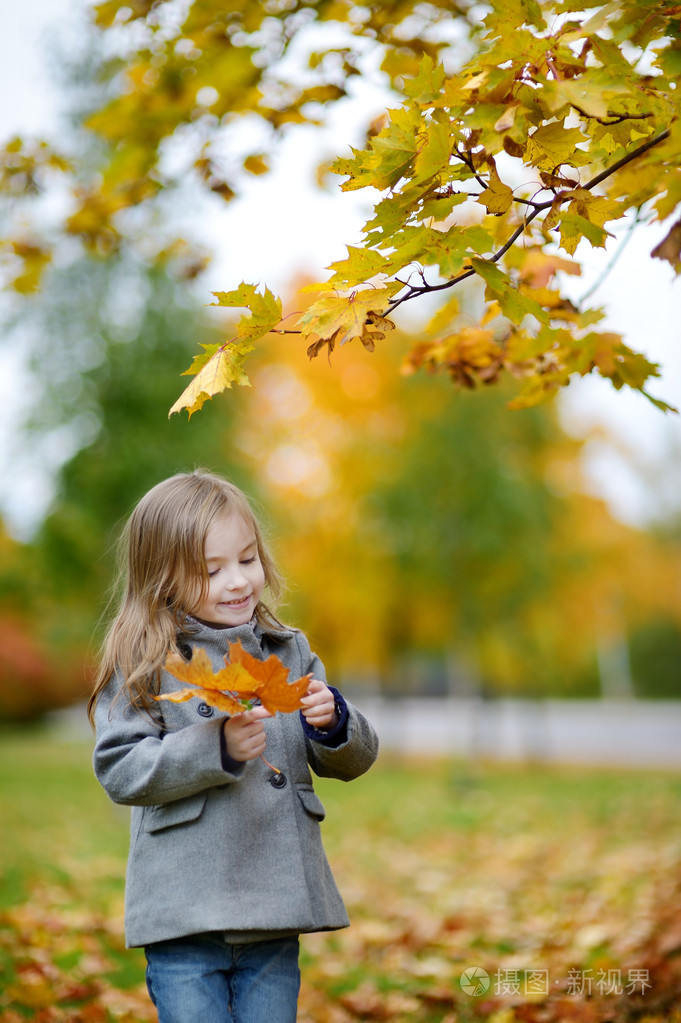 可爱的小女孩在秋季的一天开心