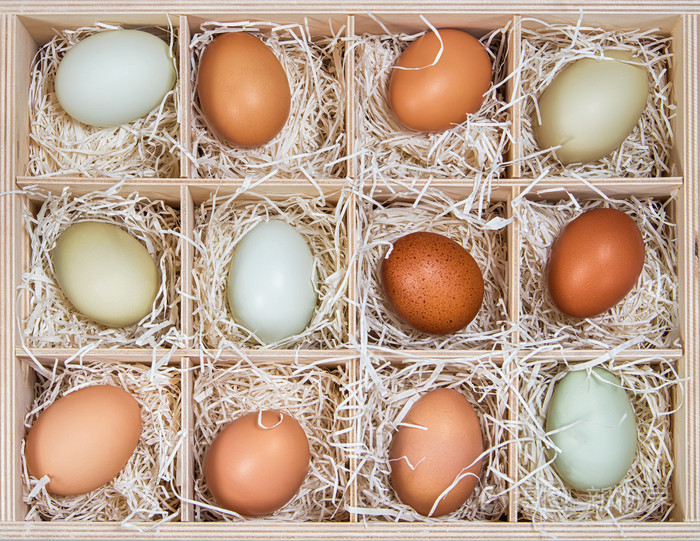 各种各样的不同的颜色鸡蛋在木箱中显示