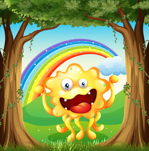 怪物在树林中着天空中的彩虹