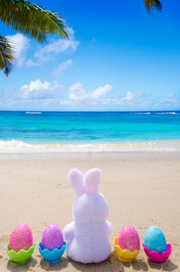 复活节兔子和彩色蛋在海滩上